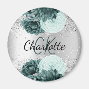 Silver green florals elegant monogram name magneet