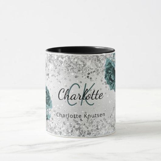 Silver green florals elegant monogram name mok (Midden)