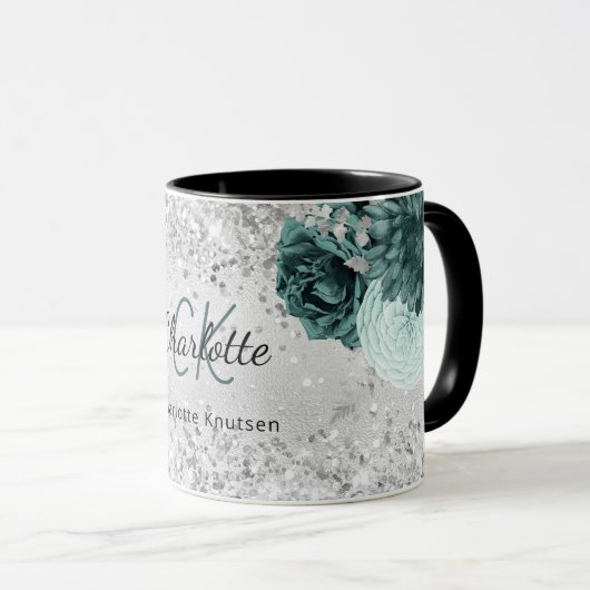 Silver green florals elegant monogram name mok (Voorkant rechts)