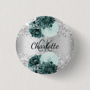 Silver green florals elegant name tag ronde button 3,2 cm