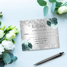 Silver green florals glitter budget bruiloft RSVP Flyer
