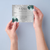 Silver green florals glitter budget bruiloft RSVP Flyer (Hand)