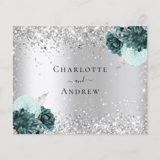 Silver green florals glitter budget bruiloft RSVP Flyer (Achterkant)