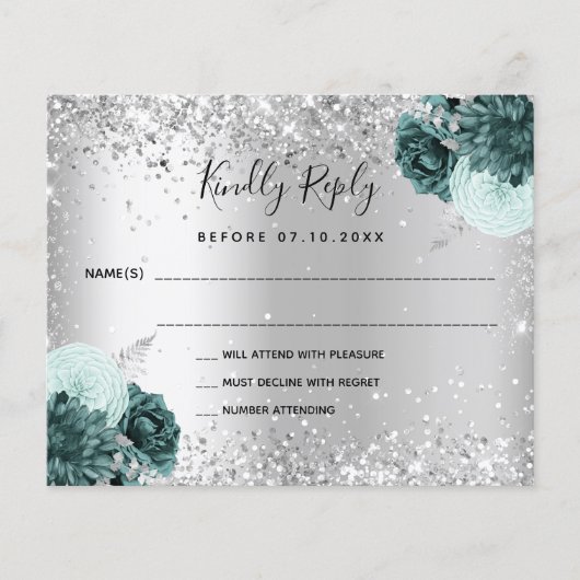 Silver green florals glitter budget bruiloft RSVP Flyer (Voorkant)