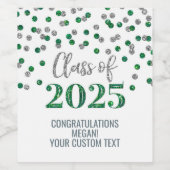Silver Green Glitter Klasse van 2025 Afstuderen Wijn Etiket (Enkel label)