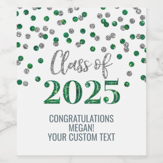 Silver Green Glitter Klasse van 2025 Afstuderen Wijn Etiket (Enkel label)