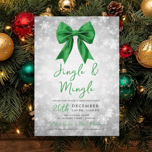 Silver Green Jingle Mingle Xmas Party Bow Snow  Kaart