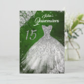 Silver Green Lace Diamond Sparkle Gown Quinceanera Kaart (Staand voorkant)