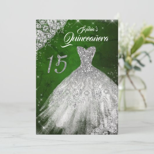 Silver Green Lace Diamond Sparkle Gown Quinceanera Kaart (Staand voorkant)
