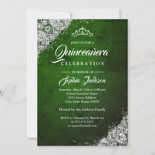 Silver Green Lace Diamond Sparkle Gown Quinceanera Kaart (Achterkant)