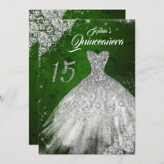Silver Green Lace Diamond Sparkle Gown Quinceanera Kaart (Voorkant / Achterkant)