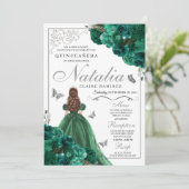 Silver & Green Princess Dress Flowers Quinceanera Kaart (Staand voorkant)