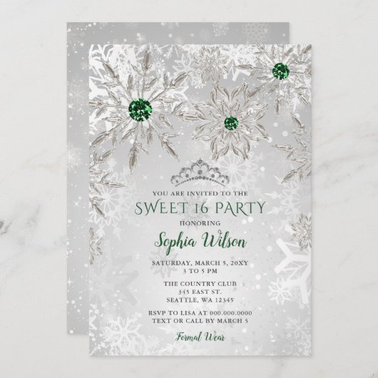 Silver Green Snowflake Princess Tiara Sweet 16 Kaart (Voorkant / Achterkant)