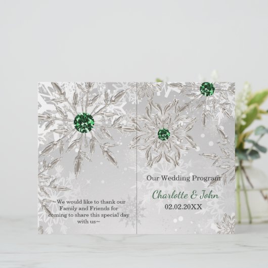 Silver Green Snowflake Winter Wedding Programme (Staand voorkant)