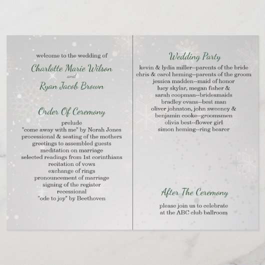 Silver Green Snowflake Winter Wedding Programme (Achterkant)
