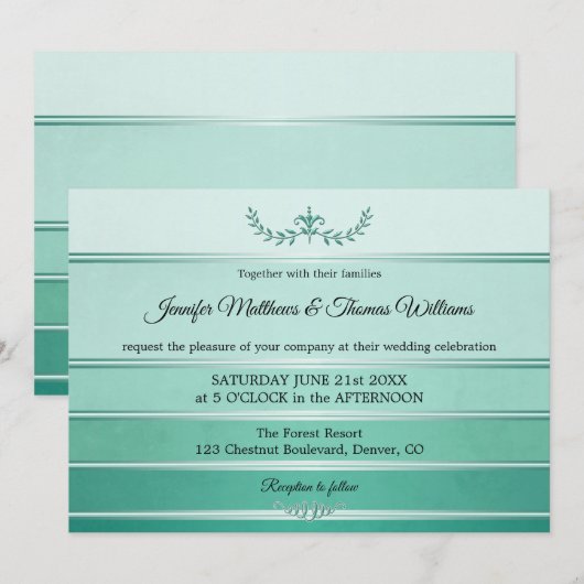 Silver Green Striped Ton sur Ton Wedding Kaart (Voorkant / Achterkant)