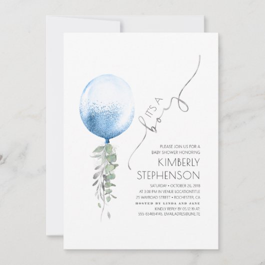 Silver Greenery en Blue Balloon Baby shower Invit Kaart (Voorkant)