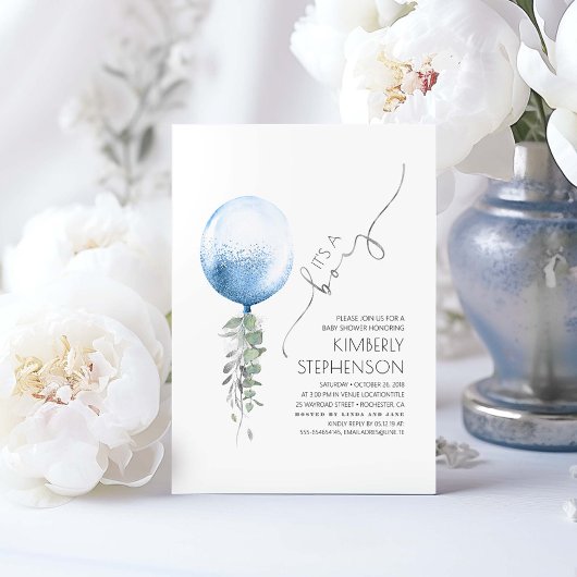 Silver Greenery en Blue Balloon Baby shower Invit Kaart