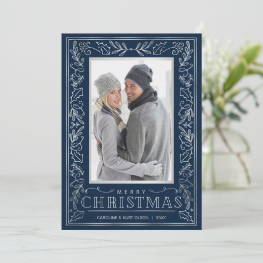 Silver Greenery kerstfoto Feestdagenkaart (Staand voorkant)