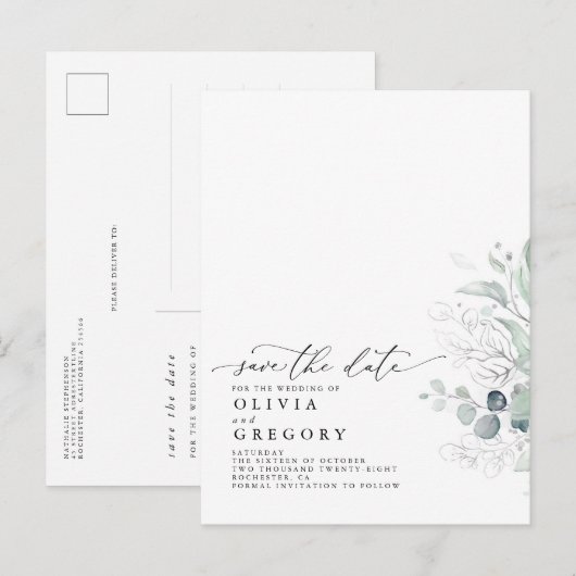 Silver Greenery Modern Elegant Save the Date Aankondigingskaart (Voorkant / Achterkant)