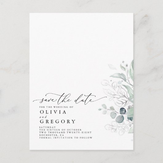 Silver Greenery Modern Elegant Save the Date Aankondigingskaart (Voorkant)