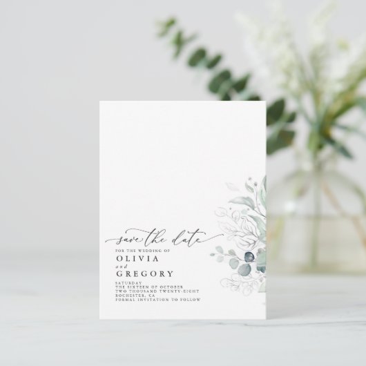 Silver Greenery Modern Elegant Save the Date Aankondigingskaart (Staand voorkant)