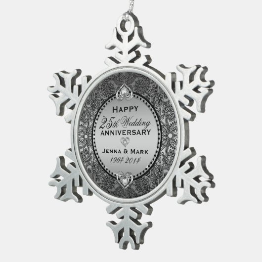 Silver Grey 25e bruiloft Jubileum Tin Sneeuwvlok Ornament (Rechts)