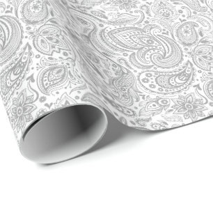 Silver Grey and White Floral Paisley Pattern Cadeaupapier