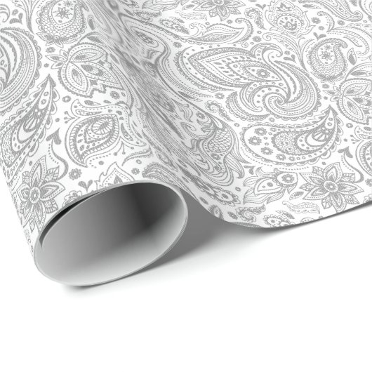Silver Grey and White Floral Paisley Pattern Cadeaupapier (Rol Hoek)