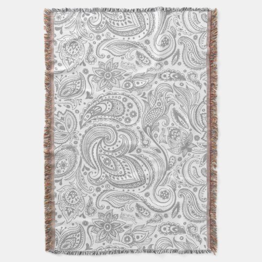 Silver Grey and White Floral Paisley Pattern Deken (Voorkant Verticaal)