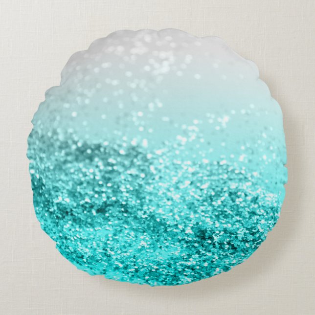 Silver Grey Aqua Blauwgroen Ocean Glitter #1 Rond Kussen (Voorkant)