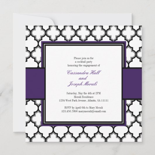 Silver Grey, Black & White Invitation, Paars Kaart (Voorkant)