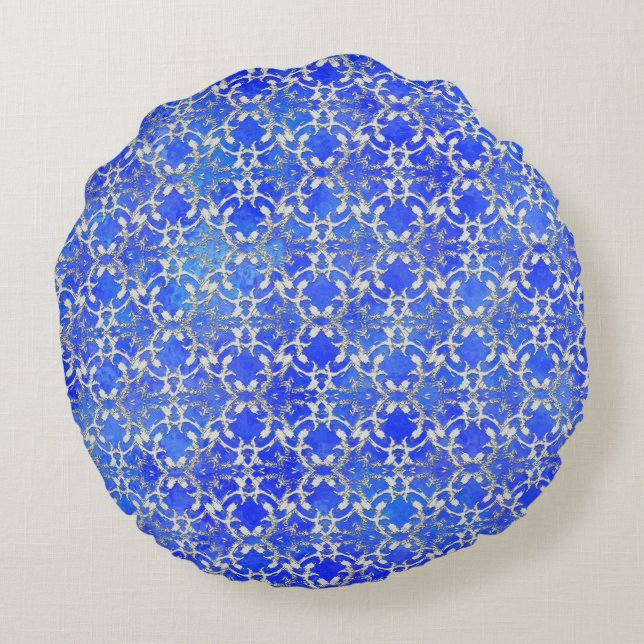 Silver Grey Blue Dansende Scroll Pattern Rond Kussen (Achterkant)