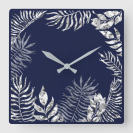 Silver Grey Blue Navy Palm Botanical Metallic Vierkante Klok
