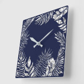 Silver Grey Blue Navy Palm Botanical Metallic Vierkante Klok (Hoek)