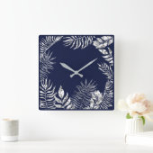 Silver Grey Blue Navy Palm Botanical Metallic Vierkante Klok (Huis)