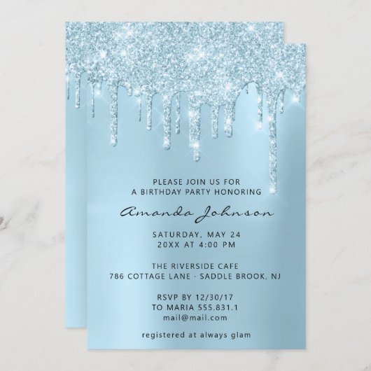 Silver Grey Blue Sky Glitter Effect Drip Birthday Kaart (Voorkant / Achterkant)