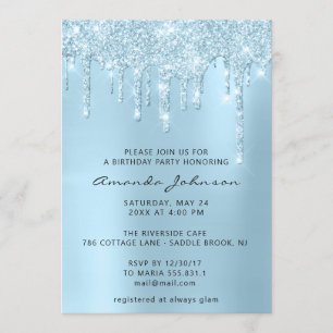 Silver Grey Blue Sky Glitter Effect Drip Birthday Kaart