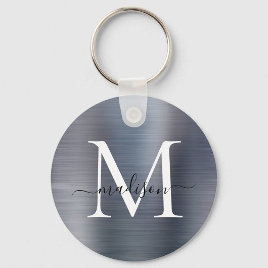 Silver Grey Borhed Metal Girly Script Monogram Sleutelhanger (Voorkant)