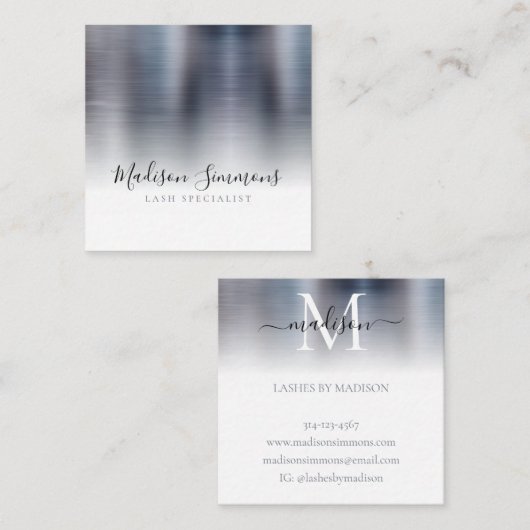 Silver Grey Brushed Metal Monogram Elegant Script Vierkante Visitekaartje (Voorkant / Achterkant)