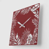Silver Grey Burgundy Red Palm Botanical Metallic Vierkante Klok (Hoek)