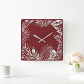 Silver Grey Burgundy Red Palm Botanical Metallic Vierkante Klok (Huis)