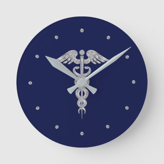 Silver Grey Caduceus op Navy Blue  Ronde Klok (Voorkant)