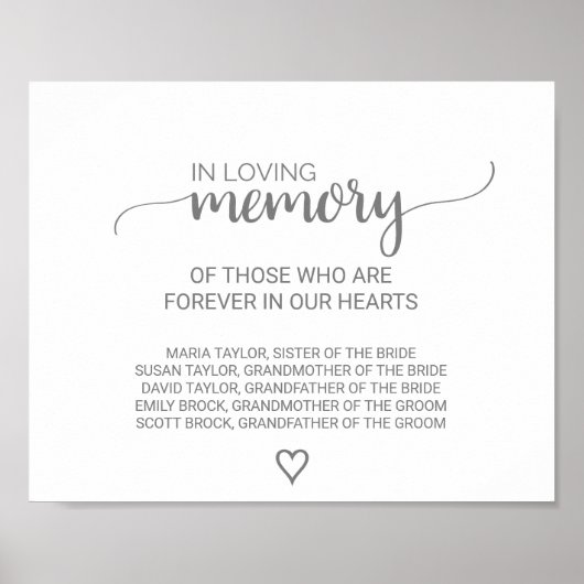 Silver Grey Calligraphy In Loving Memory Sign Poster (Voorkant)