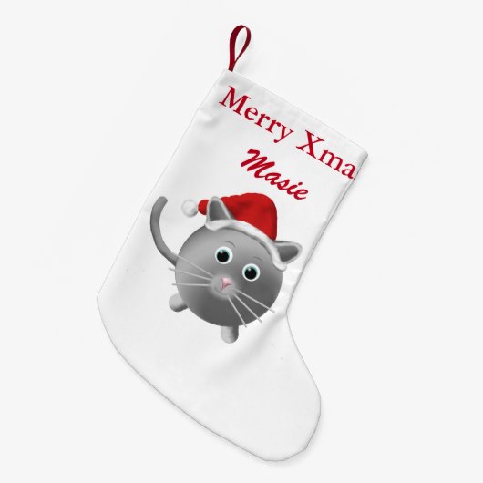 Silver Grey Cat Kerstmis stoppen Kleine Kerstsok (Voorkant (Hangend))