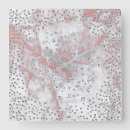 Silver Grey Confetti Diamonds Crystals Marble PInk Vierkante Klok