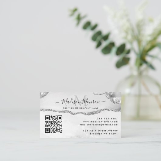 Silver Grey Custom Logo QR Code Agate Monogram Visitekaartje (Staand voorkant)