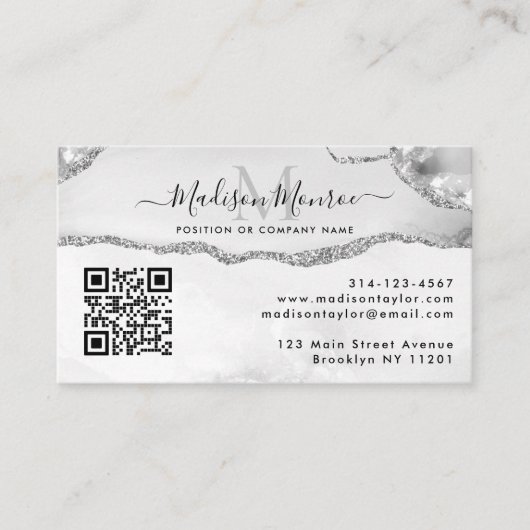 Silver Grey Custom Logo QR Code Agate Monogram Visitekaartje (Voorkant)