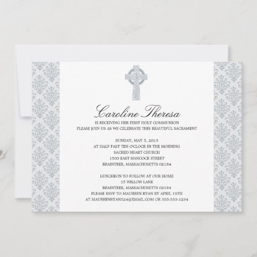 Silver Grey Damask Celtic Cross First Communation Kaart (Voorkant)