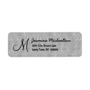 Silver Grey Damask Monogram M of elke Initiaal M01 Etiket